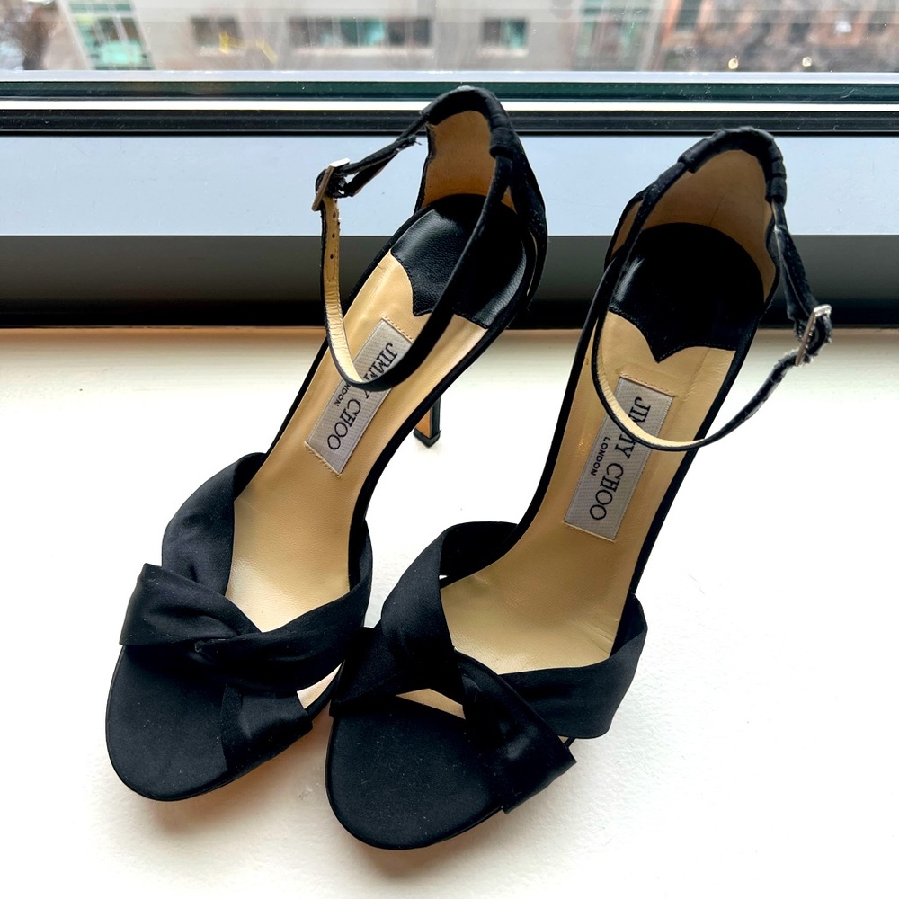 Jimmy Choo Black Strappy Satin Heel EUR: 37.5 US 7